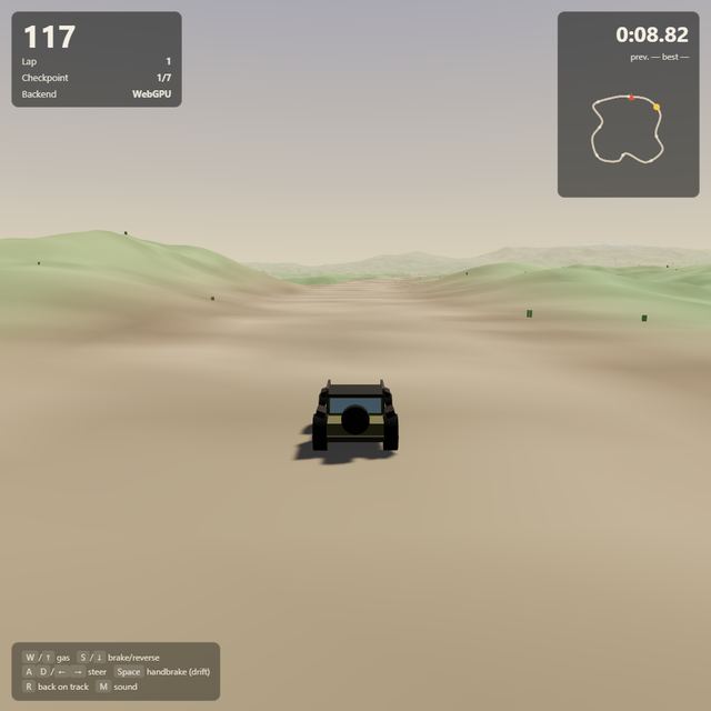 A frame from the jeep race written by Qwen3.8 27B