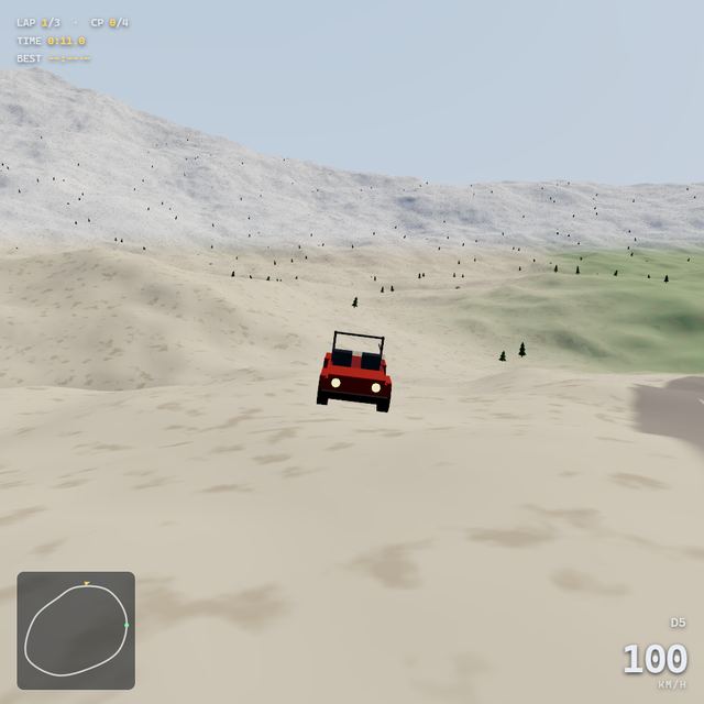 A frame from the jeep race written by GLM-5.3-FlashX