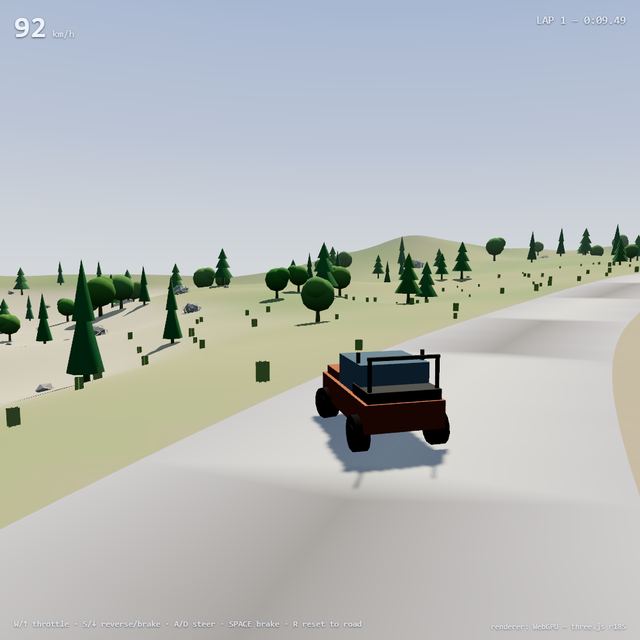 A frame from the jeep race written by Kimi K2.8 Preview