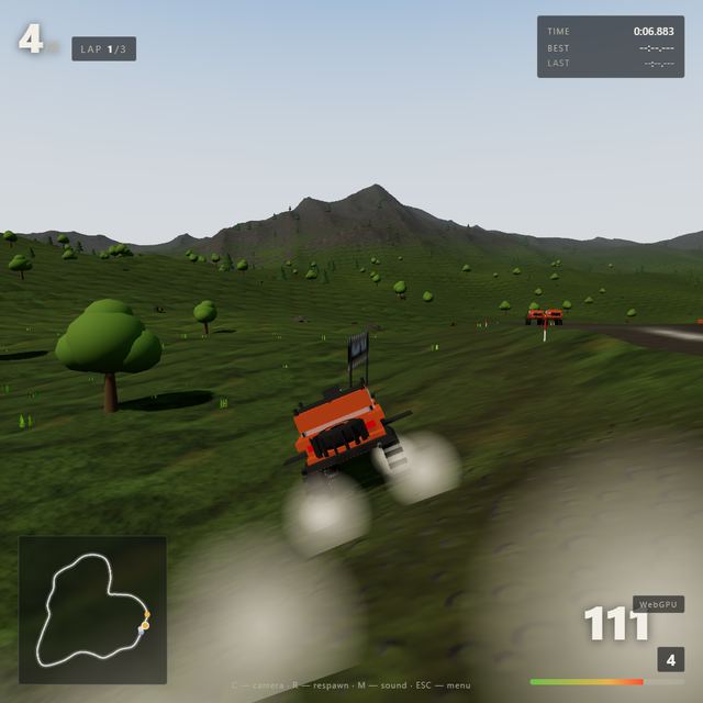 A frame from the jeep race written by MiMo-V2.6-Pro